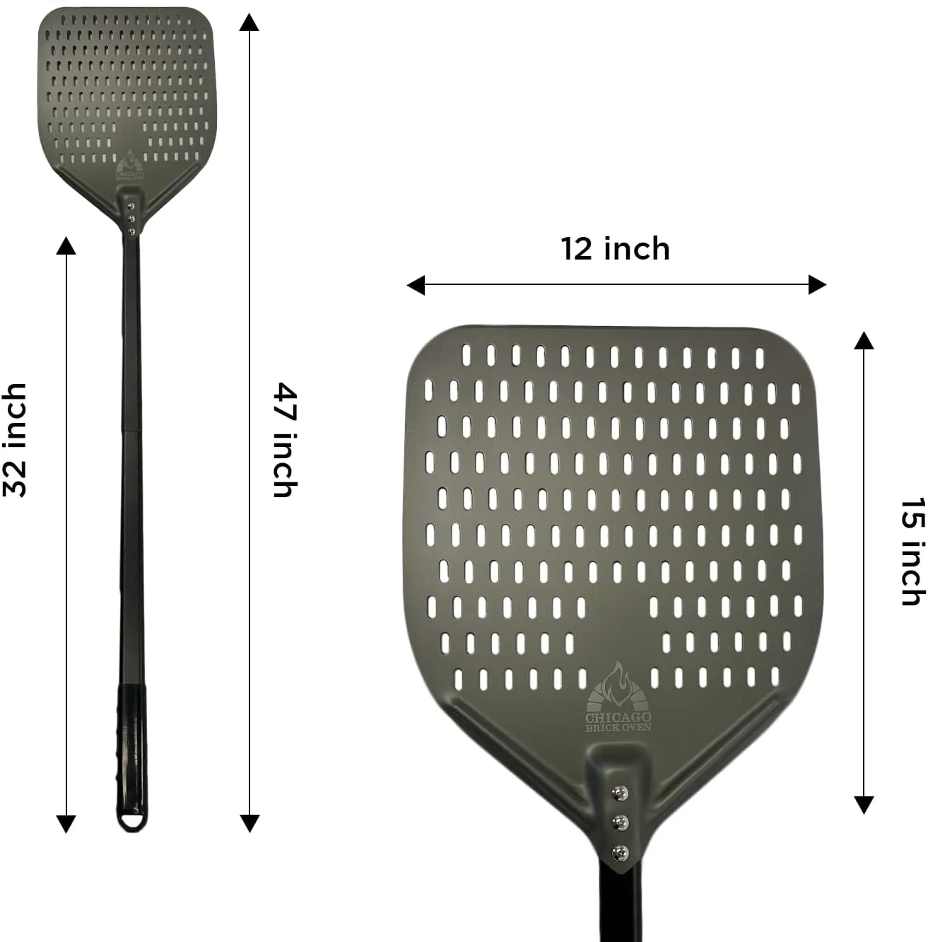 Perforated Pizza Peel - 12"x15" Anodized Aluminum Pizza Steel, 32" Handle, 47" Overall Length - Ideal Pizza Turning Peel for Pizza Oven, Brick Oven, Baking Bread