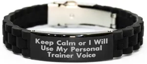 Personal Trainer Encouragement Gifts for Her: Funny Keep Calm Black Stainless Steel Glide lock Clasp Silicone Jewelry Valentine's Presents from Significant Other to Fitness Motivated Partner