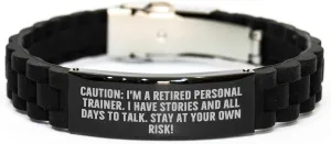 Personal Trainer Humor Gifts, Caution: I'm A Retired Trainer... Stay At Your Own Risk! Glide lock Clasp Birthday Jewelry for Men, Funny Motivational Accessories from Friends