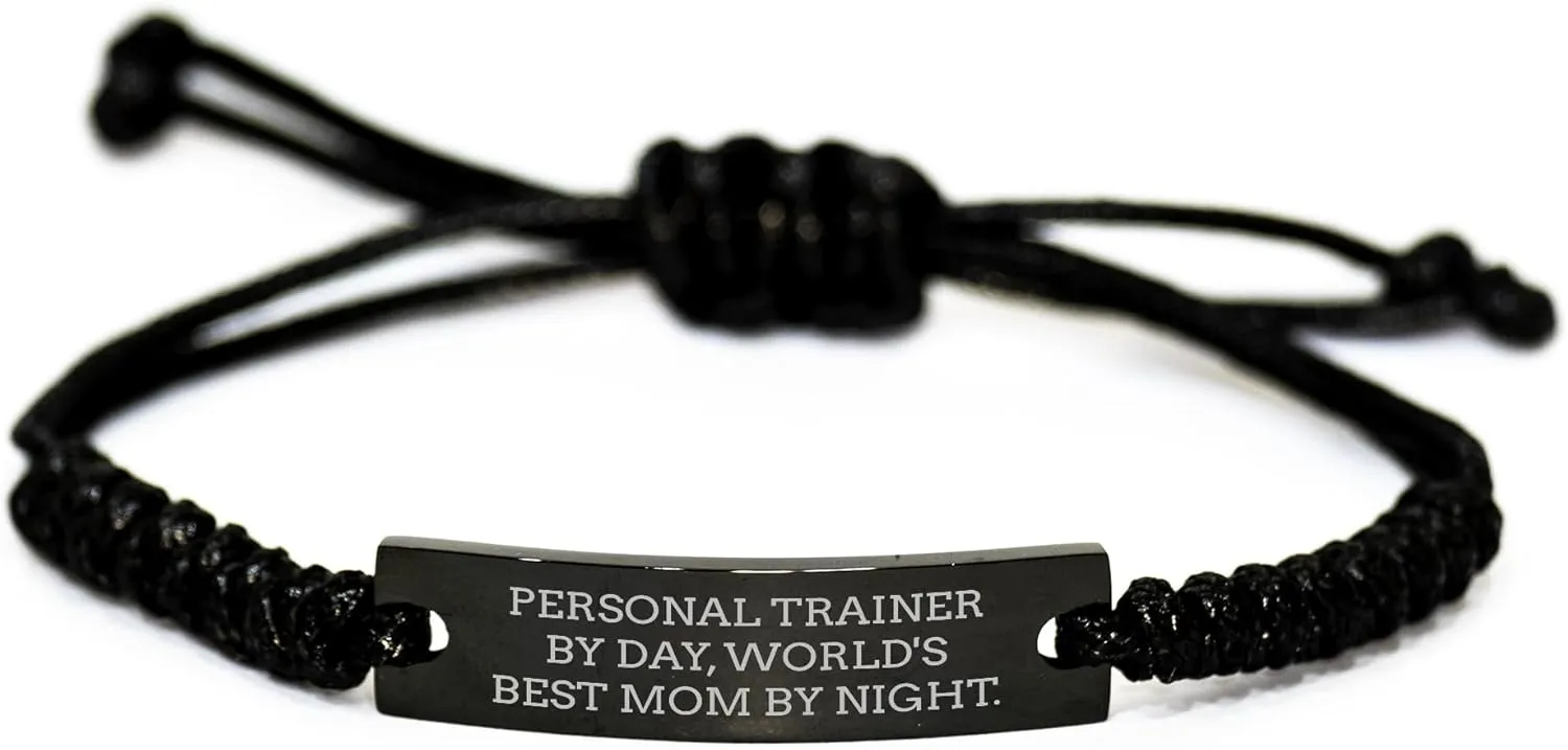Personal Trainer Rope Gift by Mom for Christmas - Funny Quote Engraved Black Stainless Steel Adjustable Rope Bracelet