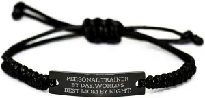 Personal Trainer Rope Gift by Mom for Christmas - Funny Quote Engraved Black Stainless Steel Adjustable Rope Bracelet