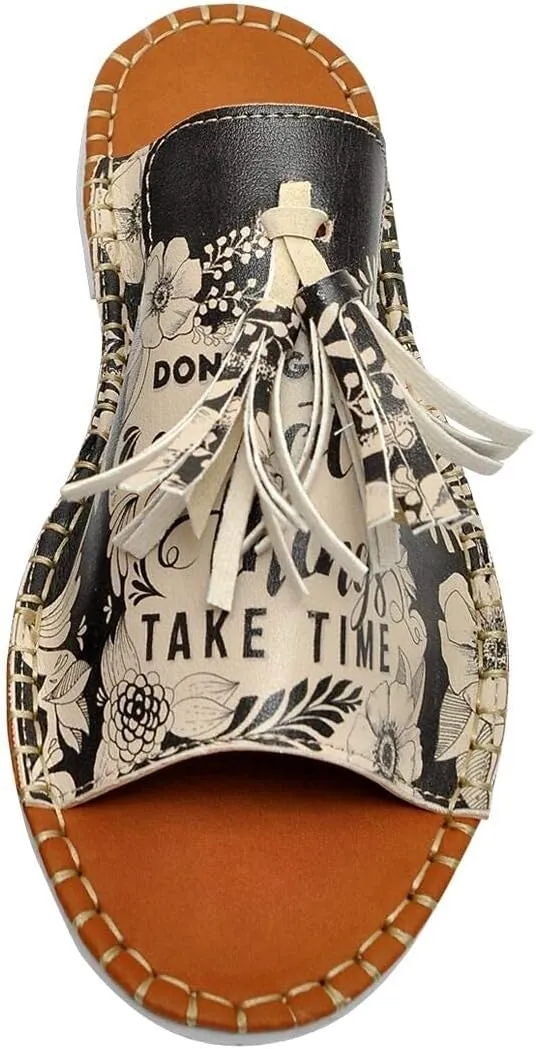 Personalize Your Life Pine - Printed Flat Slide Slippers - Tassel Detail - Everyday Fashion - Chic, Elegant, and Casual Style - Vegan, Environmentally Friendly and Handmade - Breathable Content