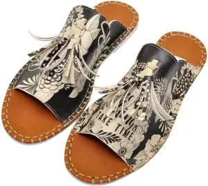 Personalize Your Life Pine - Printed Flat Slide Slippers - Tassel Detail - Everyday Fashion - Chic, Elegant, and Casual Style - Vegan, Environmentally Friendly and Handmade - Breathable Content