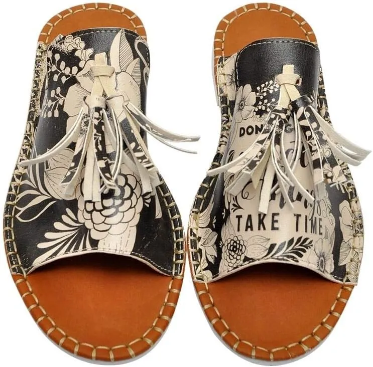 Personalize Your Life Pine - Printed Flat Slide Slippers - Tassel Detail - Everyday Fashion - Chic, Elegant, and Casual Style - Vegan, Environmentally Friendly and Handmade - Breathable Content