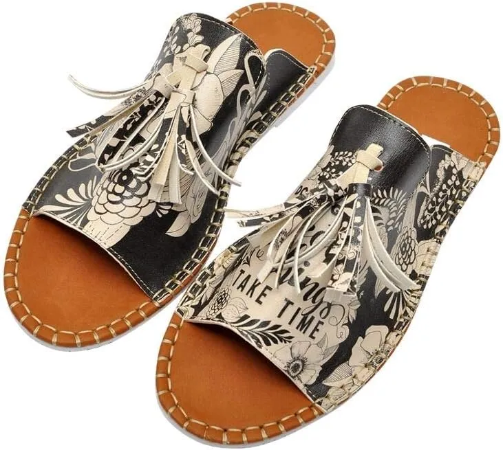 Personalize Your Life Pine - Printed Flat Slide Slippers - Tassel Detail - Everyday Fashion - Chic, Elegant, and Casual Style - Vegan, Environmentally Friendly and Handmade - Breathable Content