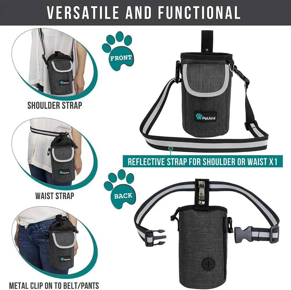 PetAmi Dog Treat Pouch, Large Pet Training Treat Pouch with Pocket, Dog Trainer Essentials Supply Holder with Poop Bag Dispenser, Training Bag for Kibbles Toys, 3 Ways to Wear (Charcoal)