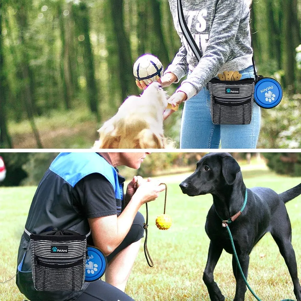 PetAmi Dog Treat Pouch, Pet Treat Pouch for Training, Dog Walking Bag Holder for Kibbles, Pet Food Toy, Dog Trainer Essentials Supplies, Poop Bag Dispenser, 3 Ways to Wear (Black Stripes)