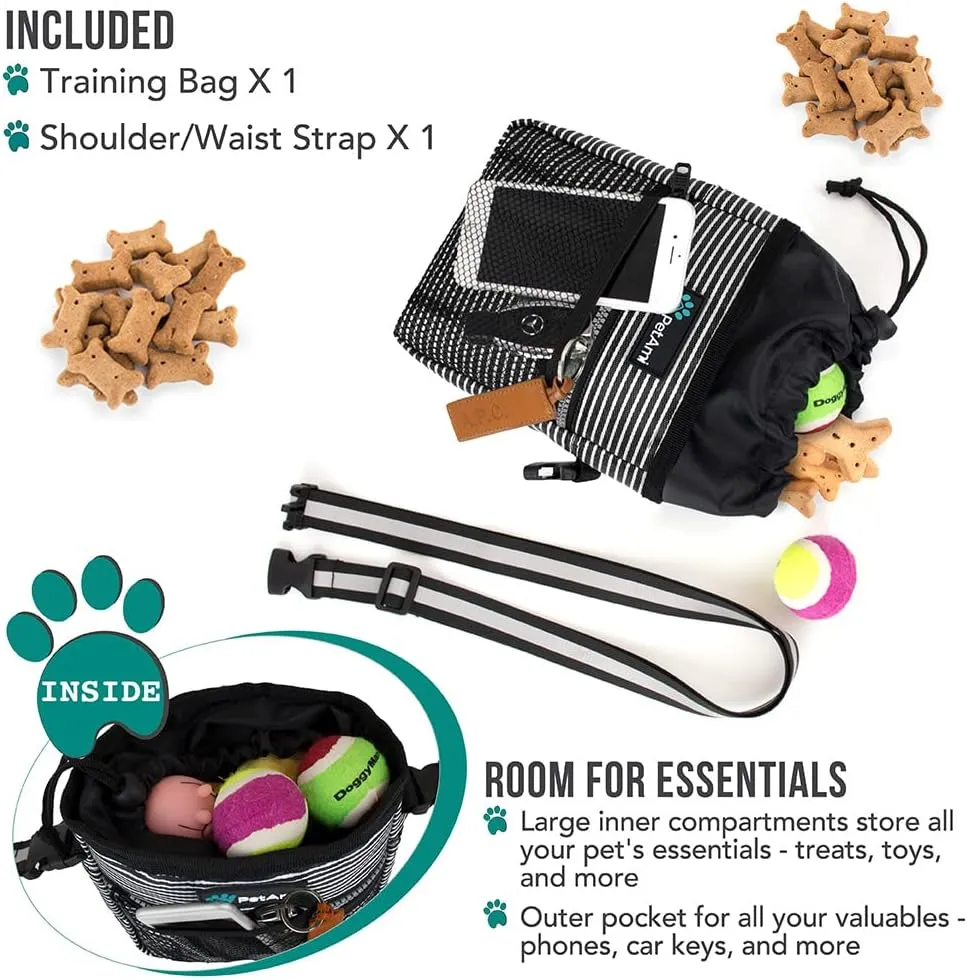 PetAmi Dog Treat Pouch, Pet Treat Pouch for Training, Dog Walking Bag Holder for Kibbles, Pet Food Toy, Dog Trainer Essentials Supplies, Poop Bag Dispenser, 3 Ways to Wear (Black Stripes)