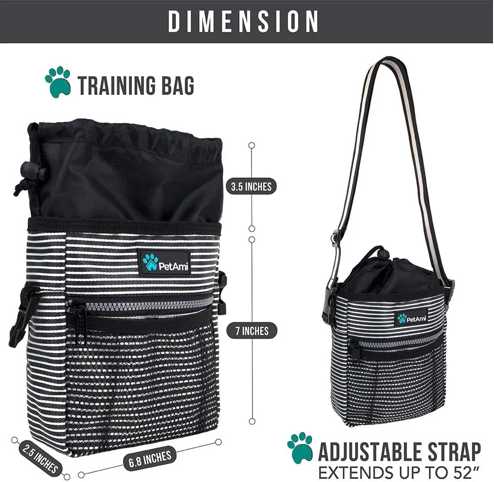 PetAmi Dog Treat Pouch, Pet Treat Pouch for Training, Dog Walking Bag Holder for Kibbles, Pet Food Toy, Dog Trainer Essentials Supplies, Poop Bag Dispenser, 3 Ways to Wear (Black Stripes)