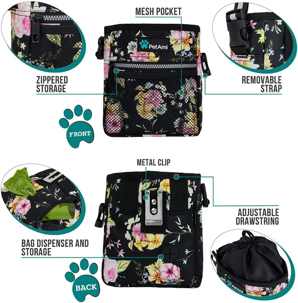 PetAmi Dog Treat Pouch, Pet Treat Pouch for Training, Dog Walking Bag Holder for Kibbles, Pet Food Toy, Dog Trainer Essentials Supplies, Poop Bag Dispenser, 3 Ways to Wear (Floral Black)