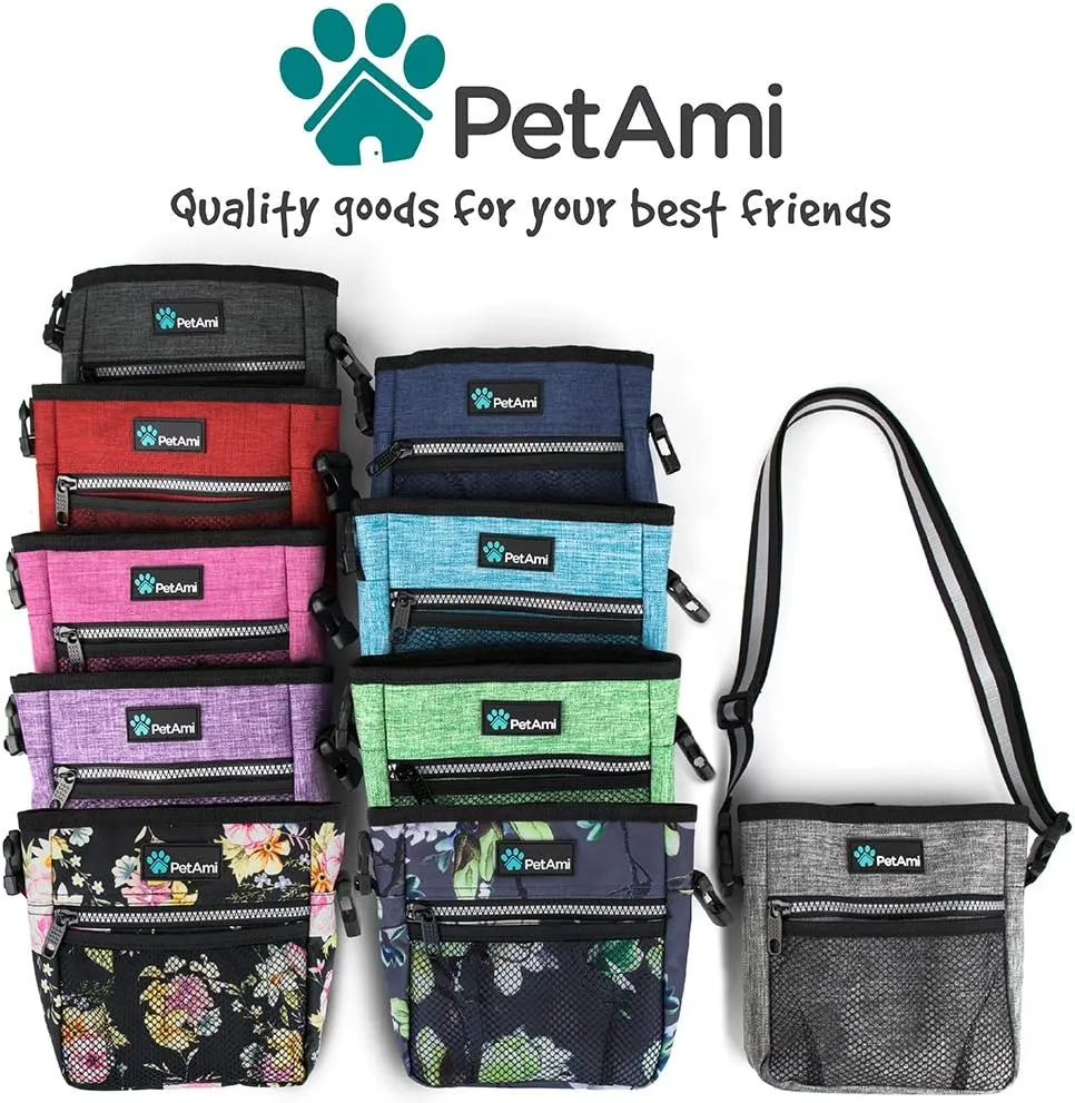 PetAmi Dog Treat Pouch, Pet Treat Pouch for Training, Dog Walking Bag Holder for Kibbles, Pet Food Toy, Dog Trainer Essentials Supplies, Poop Bag Dispenser, 3 Ways to Wear (Floral Black)