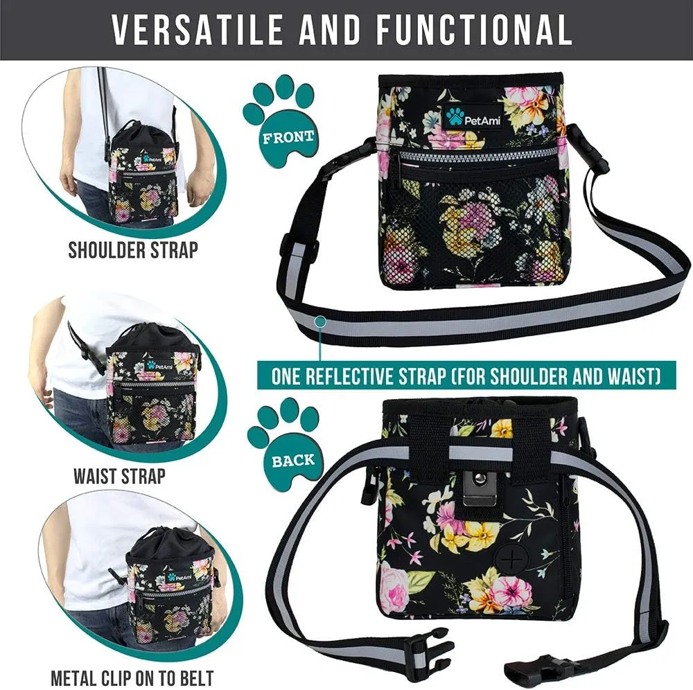 PetAmi Dog Treat Pouch, Pet Treat Pouch for Training, Dog Walking Bag Holder for Kibbles, Pet Food Toy, Dog Trainer Essentials Supplies, Poop Bag Dispenser, 3 Ways to Wear (Floral Black)