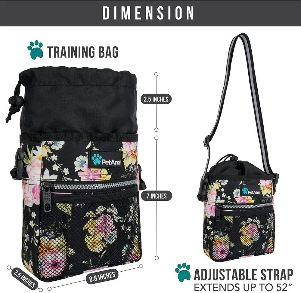 PetAmi Dog Treat Pouch, Pet Treat Pouch for Training, Dog Walking Bag Holder for Kibbles, Pet Food Toy, Dog Trainer Essentials Supplies, Poop Bag Dispenser, 3 Ways to Wear (Floral Black)