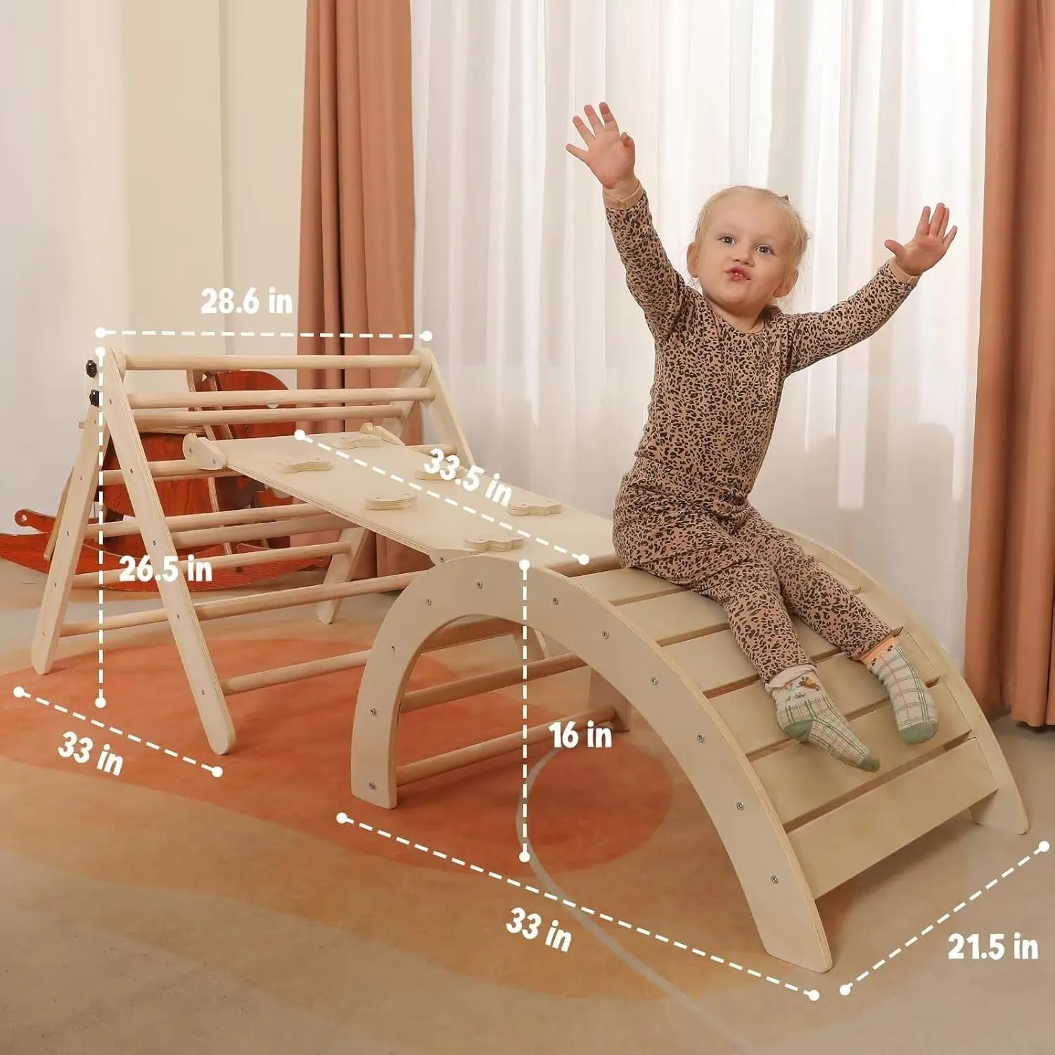 Pikler Triangle Set with Cushion Large, 5 in 1 Toddler Climbing Toys Indoor, Montessori Foldable Climbing Set for Kids, Wooden Playground Jungle Gym with Ramp, Arch and Ladder (Wooden Color)