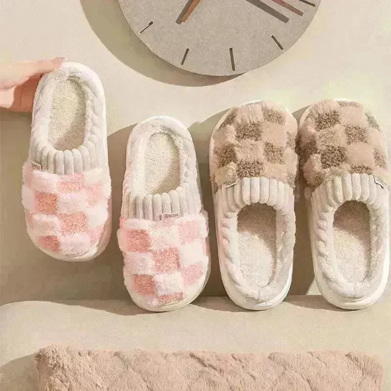 Plaid Plush Slippers Women's Indoor Plush Home Slippers Soft Sole Thick Non-Slip Warm House Shoes Couple Autumn And Winter
