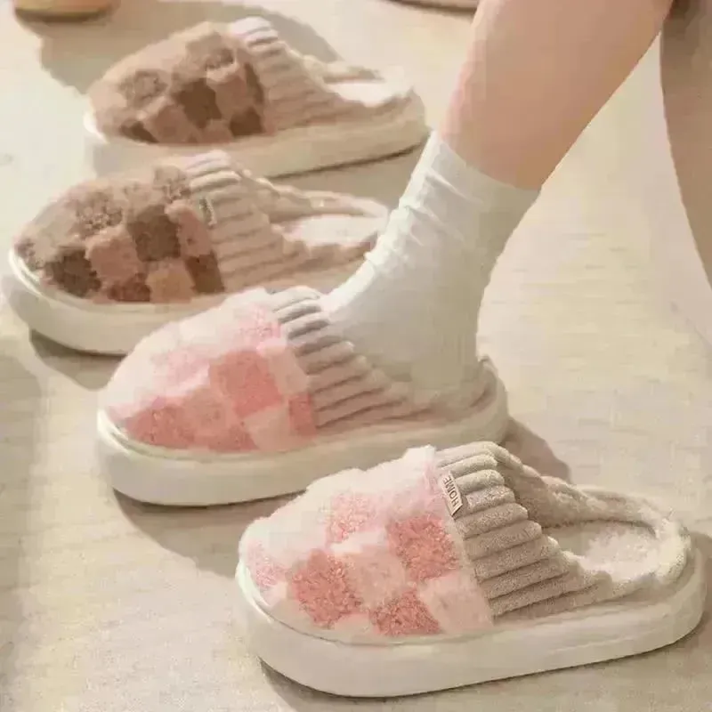Plaid Plush Slippers Women's Indoor Plush Home Slippers Soft Sole Thick Non-Slip Warm House Shoes Couple Autumn And Winter