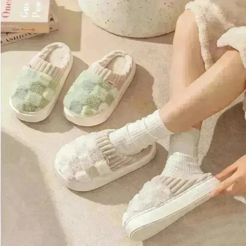 Plaid Plush Slippers Women's Indoor Plush Home Slippers Soft Sole Thick Non-Slip Warm House Shoes Couple Autumn And Winter