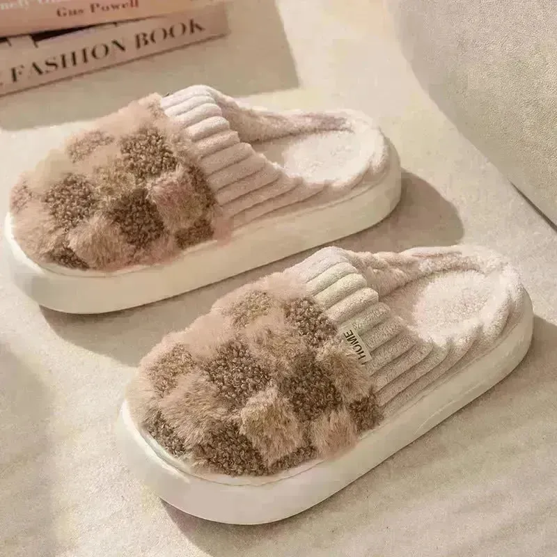 Plaid Plush Slippers Women's Indoor Plush Home Slippers Soft Sole Thick Non-Slip Warm House Shoes Couple Autumn And Winter