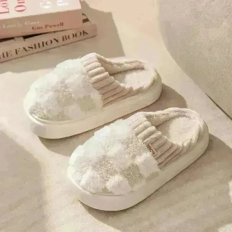 Plaid Plush Slippers Women's Indoor Plush Home Slippers Soft Sole Thick Non-Slip Warm House Shoes Couple Autumn And Winter