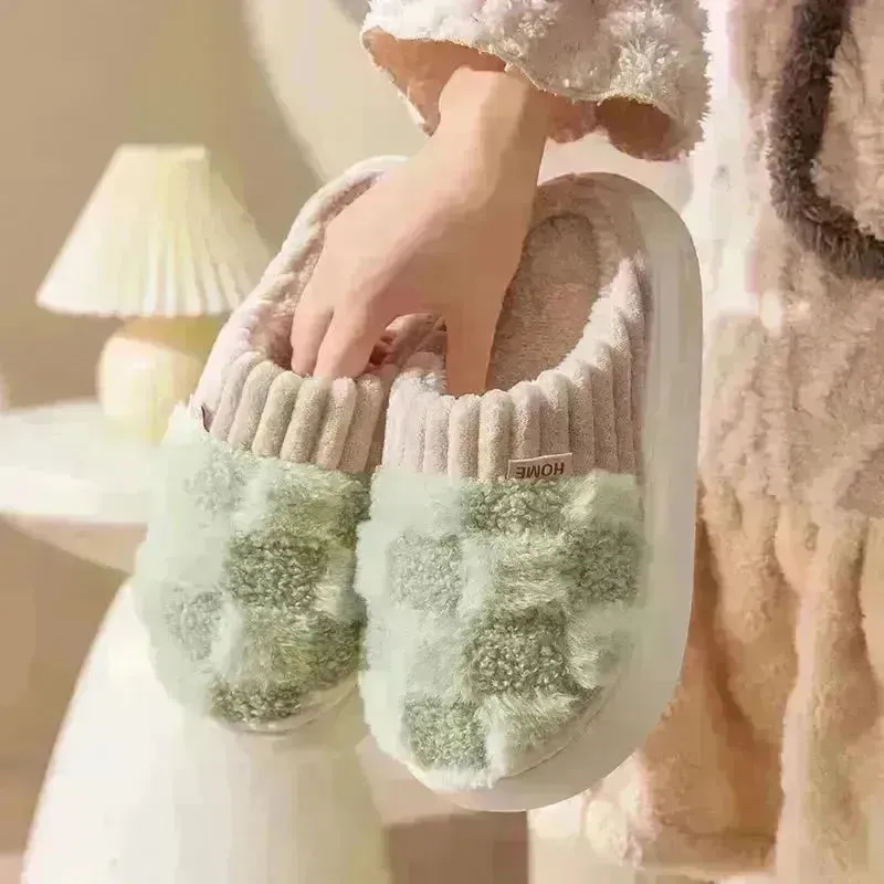 Plaid Plush Slippers Women's Indoor Plush Home Slippers Soft Sole Thick Non-Slip Warm House Shoes Couple Autumn And Winter