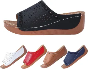 Platform Sandals Women Summer Orthopedic Arch Support Flat Slip on Wide Width Leather Wedge Sandals Damping Sole Upgradation Stretch Lightweight Heels Sandals Diabetic Walking Shoes