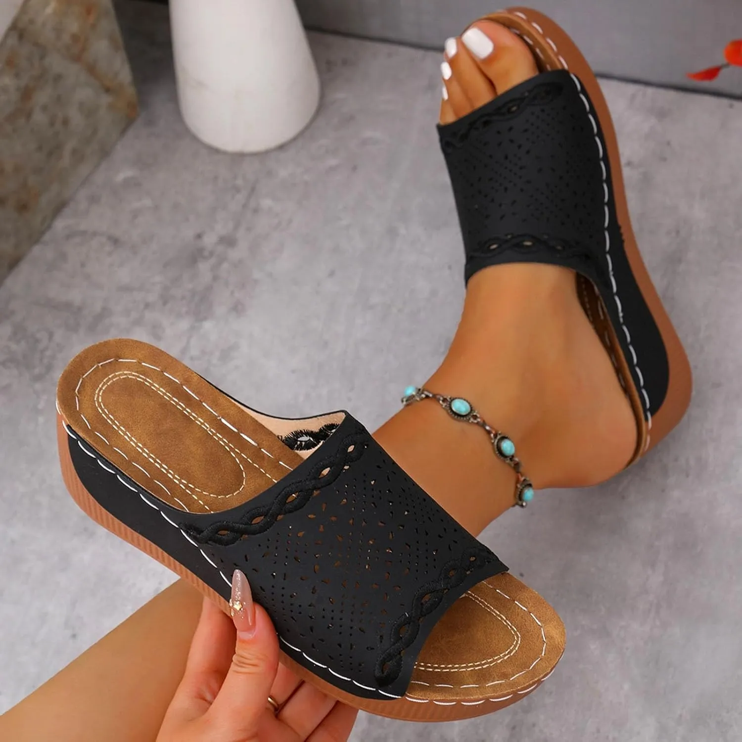 Platform Sandals Women Summer Orthopedic Arch Support Flat Slip on Wide Width Leather Wedge Sandals Damping Sole Upgradation Stretch Lightweight Heels Sandals Diabetic Walking Shoes