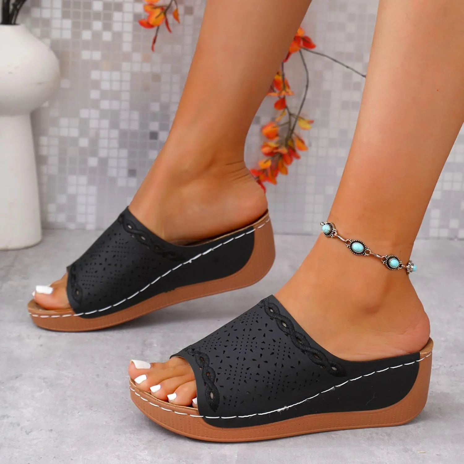 Platform Sandals Women Summer Orthopedic Arch Support Flat Slip on Wide Width Leather Wedge Sandals Damping Sole Upgradation Stretch Lightweight Heels Sandals Diabetic Walking Shoes