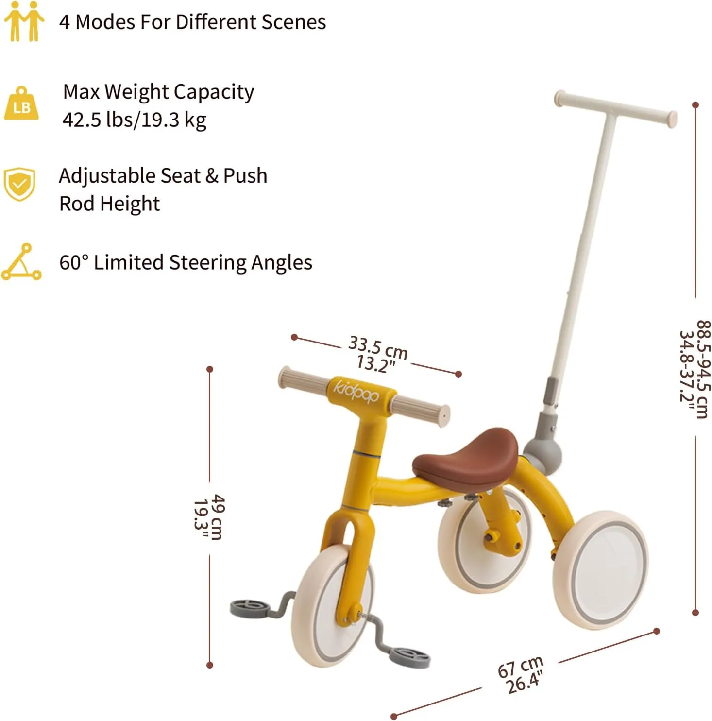 Pony 4-in-1 Kids' Tricycles Pedal Vehicles for 1-4 Push Slide Ride On Toy Balance Bike Baby Walker Stroller (Yellow)