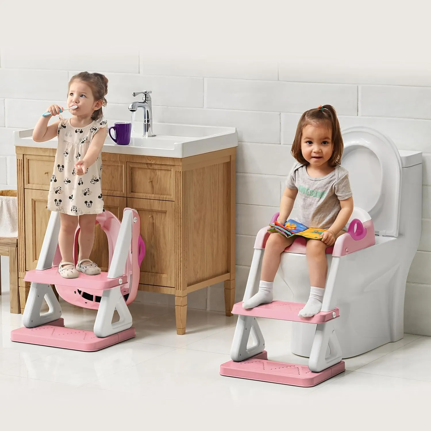 Potty Training Toilet Seat with Step Stool Ladder for Boys and Girls, 2 in 1 Potty Training Toilet, Splash Guard Anti-Slip Pad Step Stool （Pink