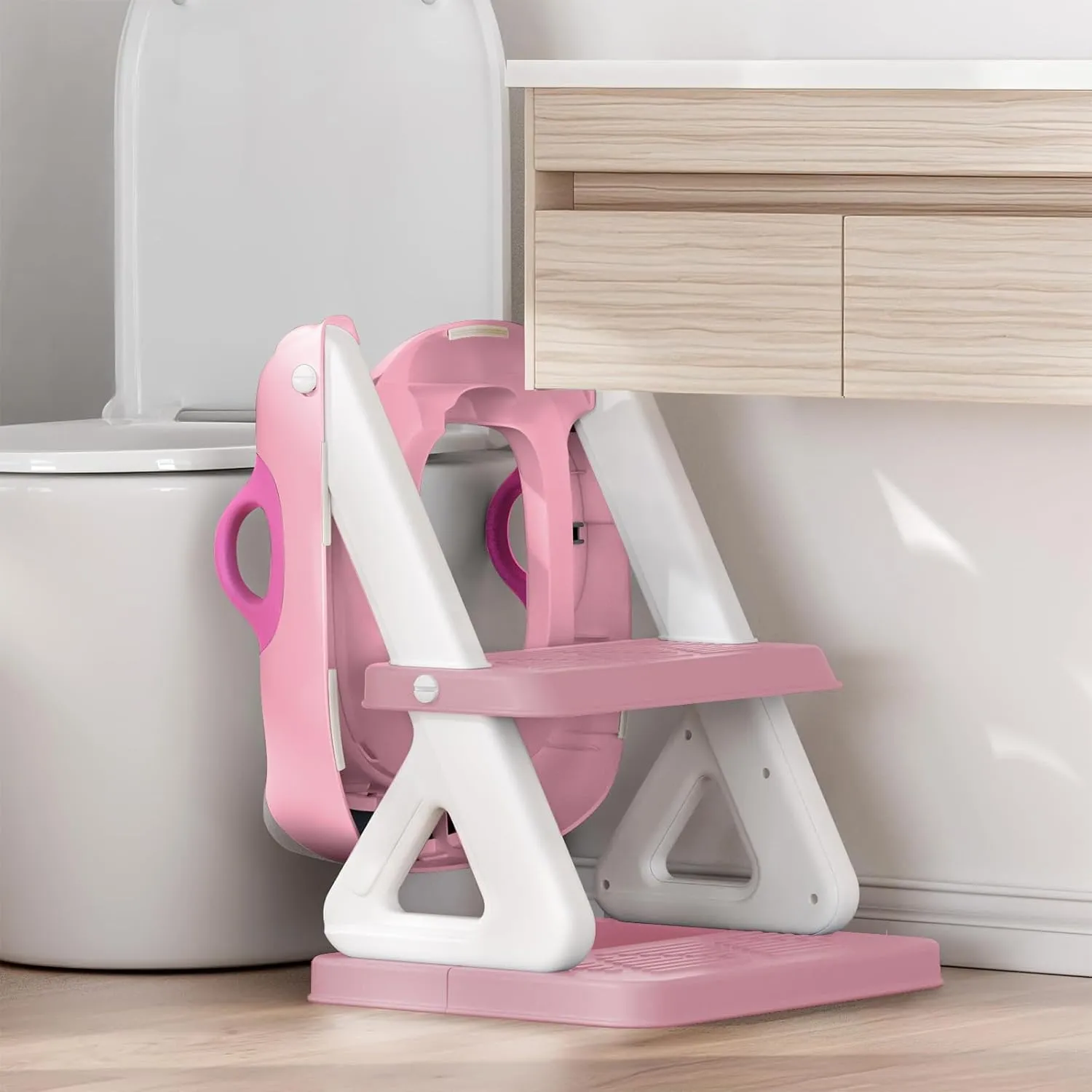 Potty Training Toilet Seat with Step Stool Ladder for Boys and Girls, 2 in 1 Potty Training Toilet, Splash Guard Anti-Slip Pad Step Stool （Pink