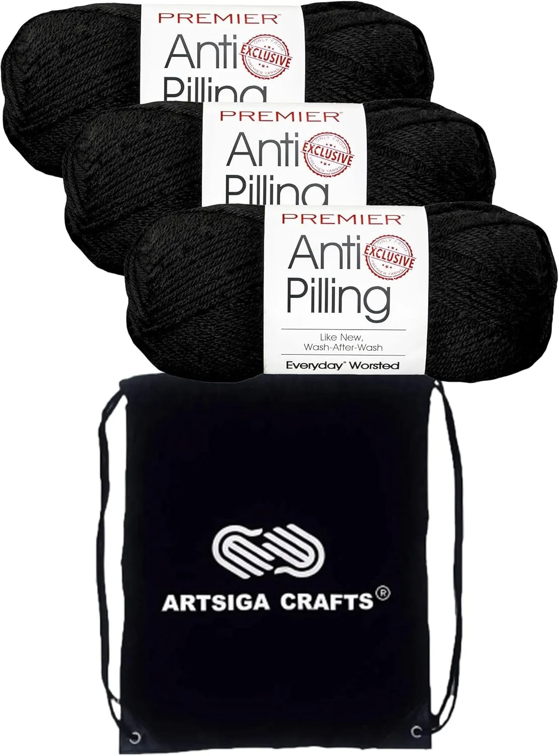 Premier Yarns Everyday Anti-Pilling Solid Black DN100-12 (3-Skeins - Same Dye Lot) #4 Worsted Weight Acrylic Yarn for Crocheting and Knitting with Project Bag