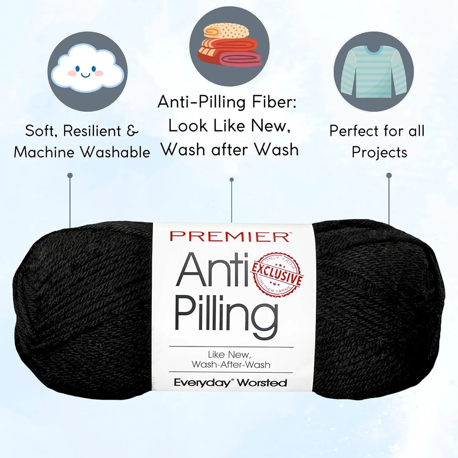 Premier Yarns Everyday Anti-Pilling Solid Black DN100-12 (3-Skeins - Same Dye Lot) #4 Worsted Weight Acrylic Yarn for Crocheting and Knitting with Project Bag