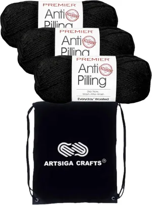 Premier Yarns Everyday Anti-Pilling Solid Black DN100-12 (3-Skeins - Same Dye Lot) #4 Worsted Weight Acrylic Yarn for Crocheting and Knitting with Project Bag