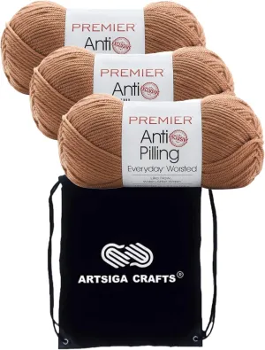 Premier Yarns Everyday Anti-Pilling Solid Fawn DN100-79 (3-Skeins - Same Dye Lot) #4 Worsted Weight Acrylic Yarn for Crocheting and Knitting with Project Bag