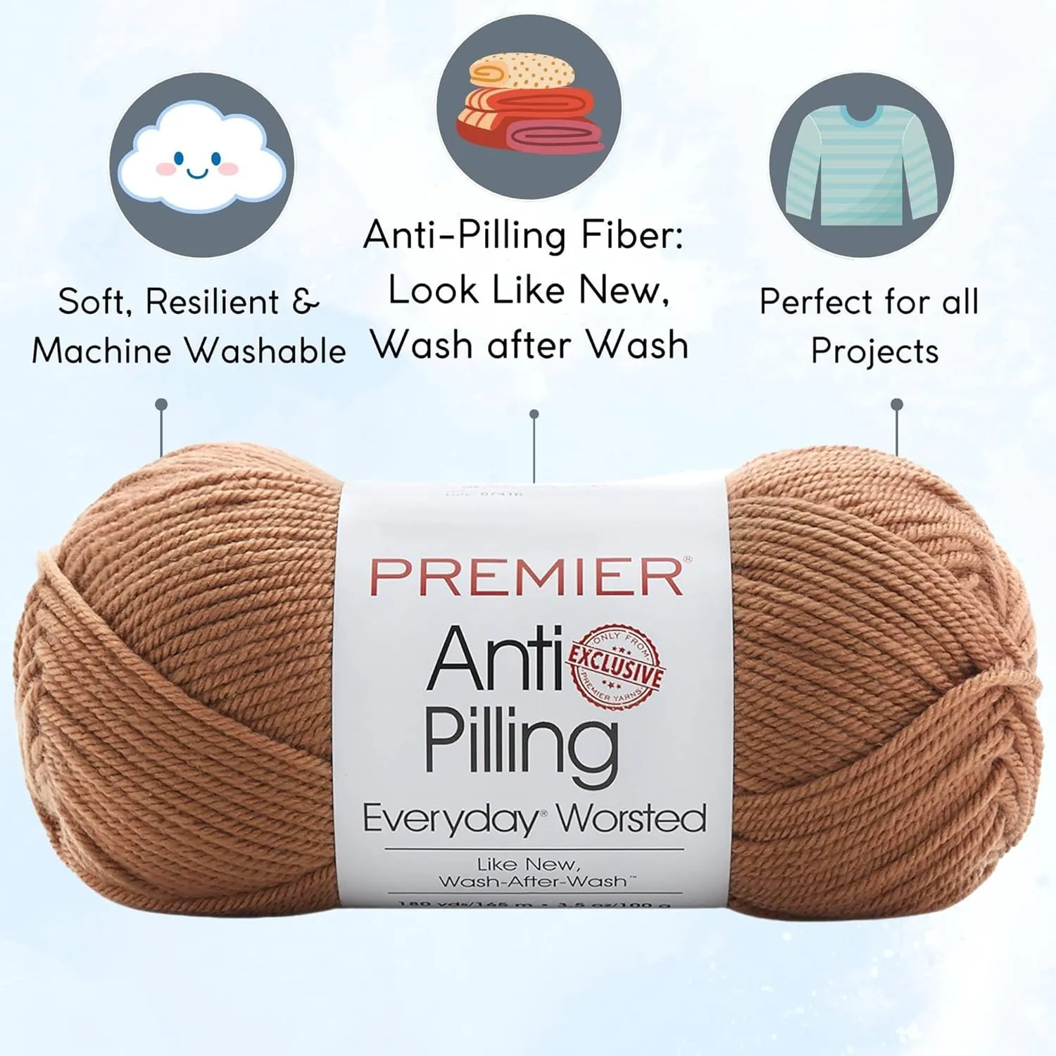 Premier Yarns Everyday Anti-Pilling Solid Fawn DN100-79 (3-Skeins - Same Dye Lot) #4 Worsted Weight Acrylic Yarn for Crocheting and Knitting with Project Bag