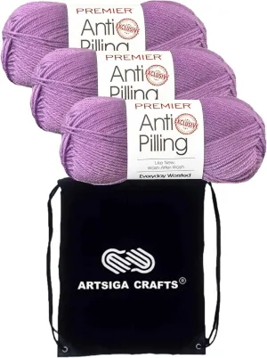 Premier Yarns Everyday Anti-Pilling Solid Orchid DN100-20 (3-Skeins - Same Dye Lot) #4 Worsted Weight Acrylic Yarn for Crocheting and Knitting with Project Bag