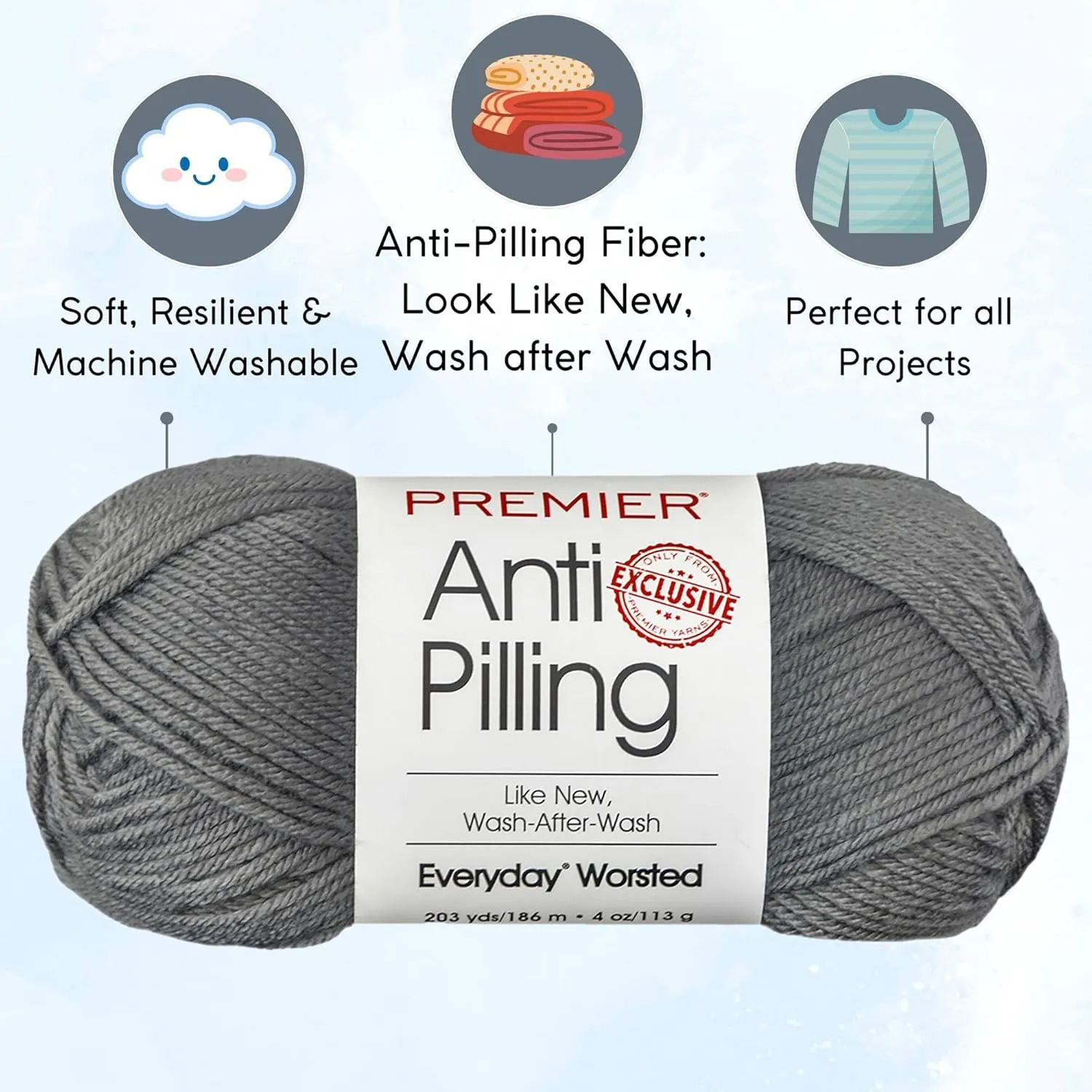 Premier Yarns Everyday Anti-Pilling Solid Steel DN100-24 (3-Skeins - Same Dye Lot) #4 Worsted Weight Acrylic Yarn for Crocheting and Knitting with Project Bag