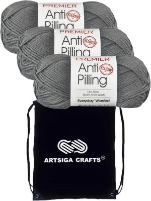 Premier Yarns Everyday Anti-Pilling Solid Steel DN100-24 (3-Skeins - Same Dye Lot) #4 Worsted Weight Acrylic Yarn for Crocheting and Knitting with Project Bag