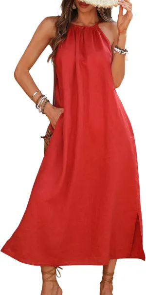 Pure Women's Halter Linen Stylish Midi Dress Vacation
