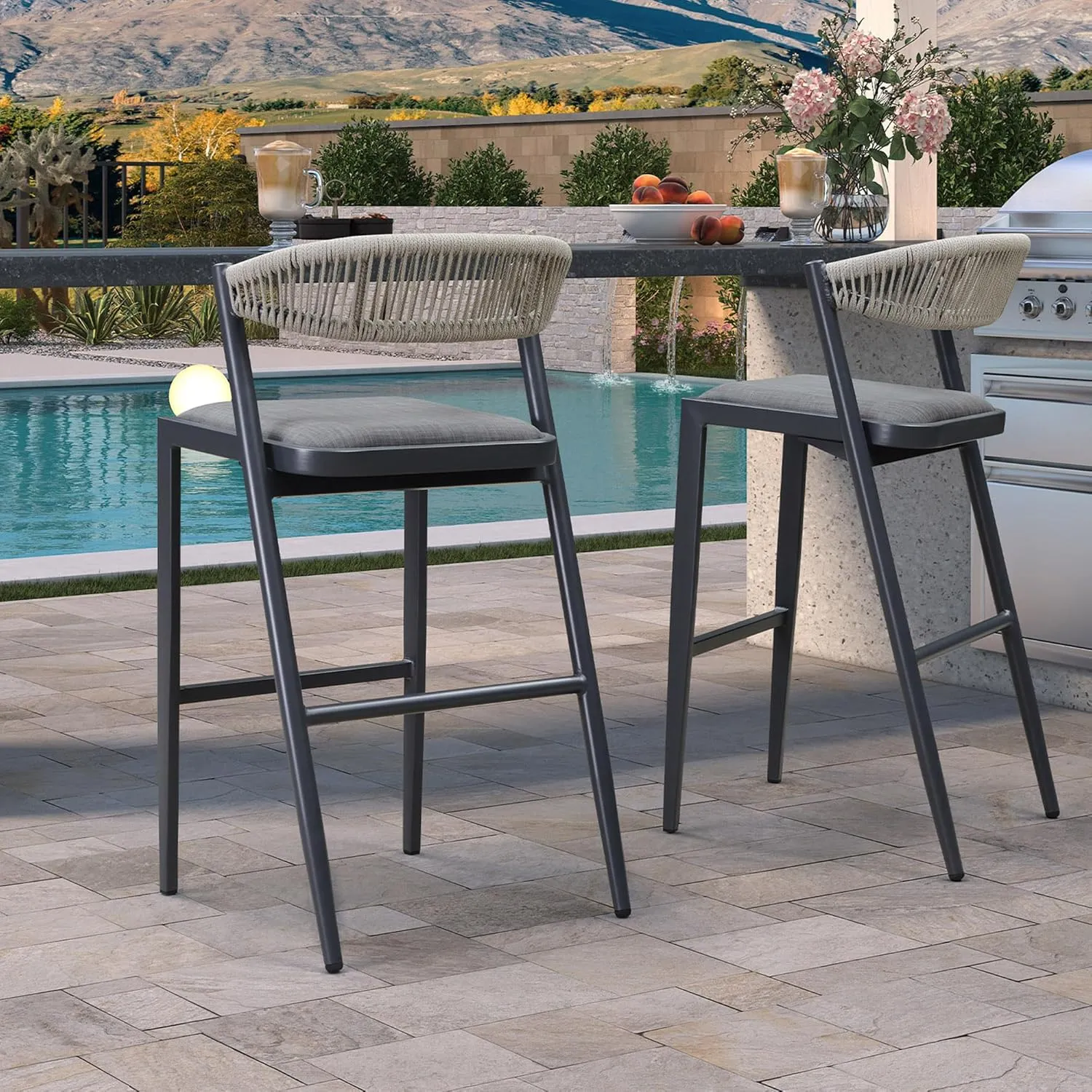 PURPLE LEAF Bar High Stool 2 Pieces Rattan Aluminum Modern Barstools with Back and Cushions for Patio Outdoor Accent Island Chairs Grey