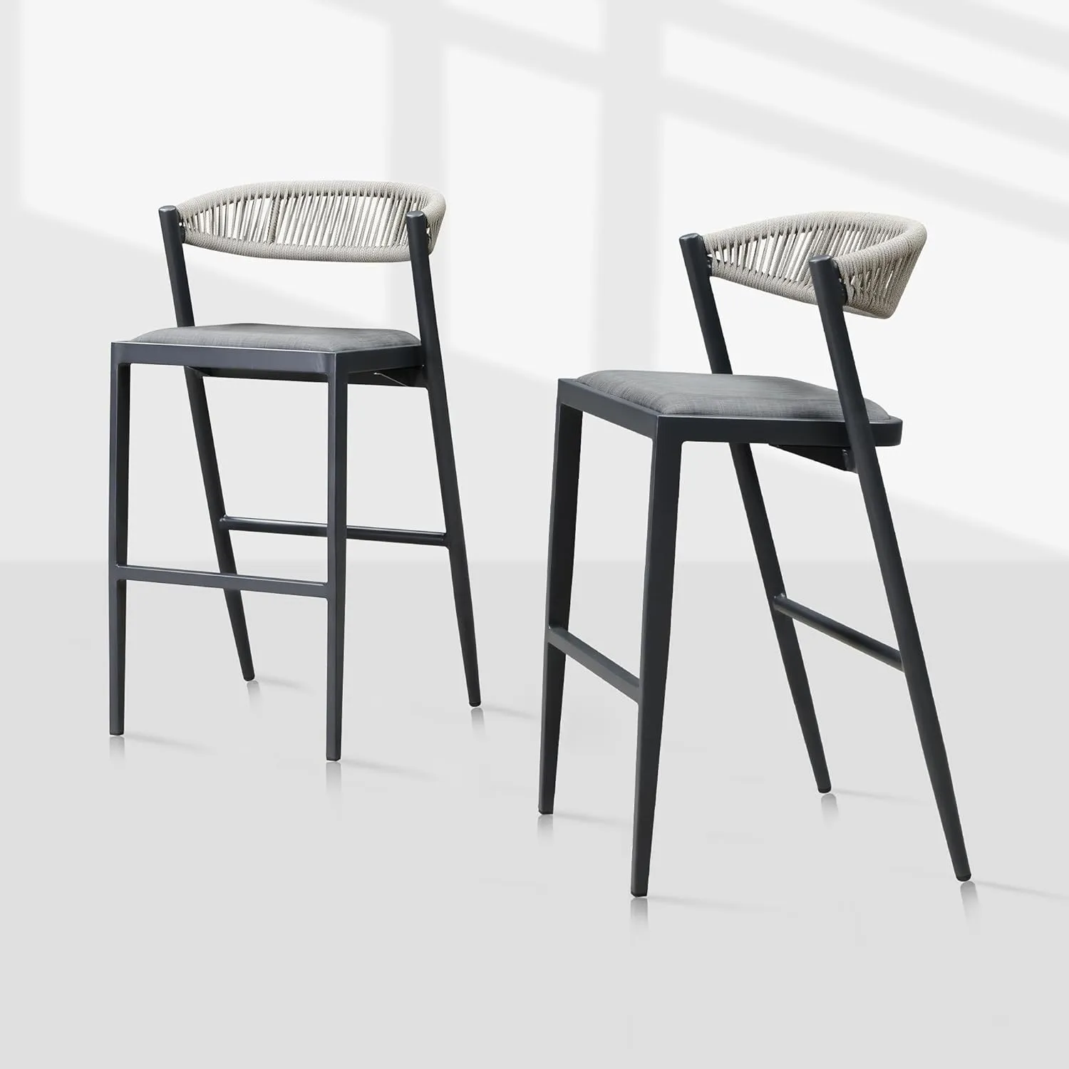 PURPLE LEAF Bar High Stool 2 Pieces Rattan Aluminum Modern Barstools with Back and Cushions for Patio Outdoor Accent Island Chairs Grey
