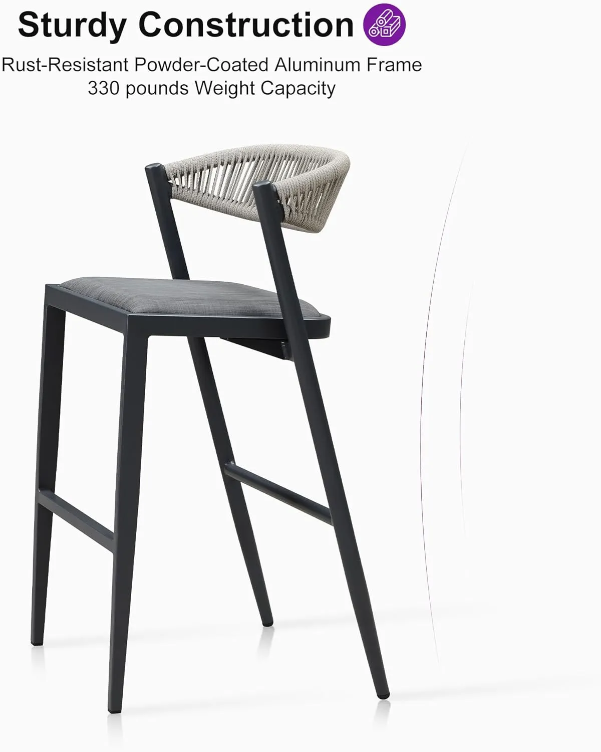 PURPLE LEAF Bar High Stool 2 Pieces Rattan Aluminum Modern Barstools with Back and Cushions for Patio Outdoor Accent Island Chairs Grey