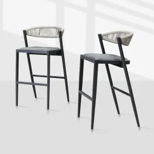 PURPLE LEAF Bar High Stool 2 Pieces Rattan Aluminum Modern Barstools with Back and Cushions for Patio Outdoor Accent Island Chairs Grey