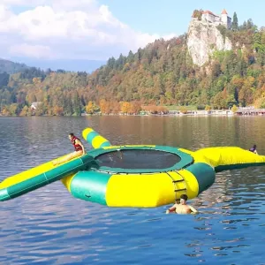 PVC Inflatable Water Trampoline, Lake Water Trampoline with Slide/Tube/Jumping Pillow Bag, 10Ft, 13Ft, 16Ft Bouncing Platform Water Trampoline for Water Park Games