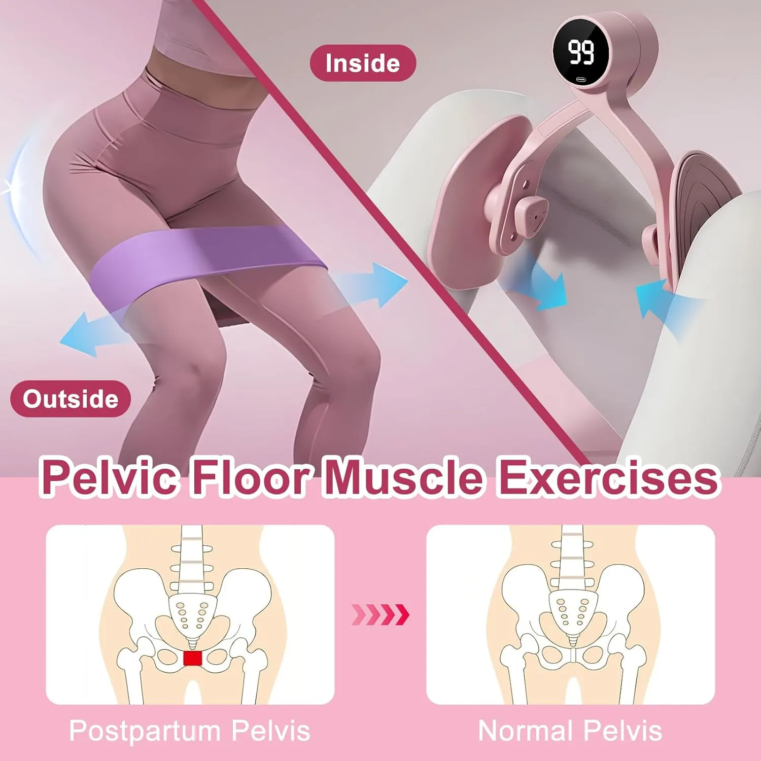 QIUTONG Thigh Master 2025 Upgraded, 10-78LB Thigh Master Thigh Exerciser, LED Inner Thigh Exerciser, 360° Pelvic Floor Exercise Devices, Hip Trainer Kegel Excerciser, 20LB Resistance Band, Light Pink