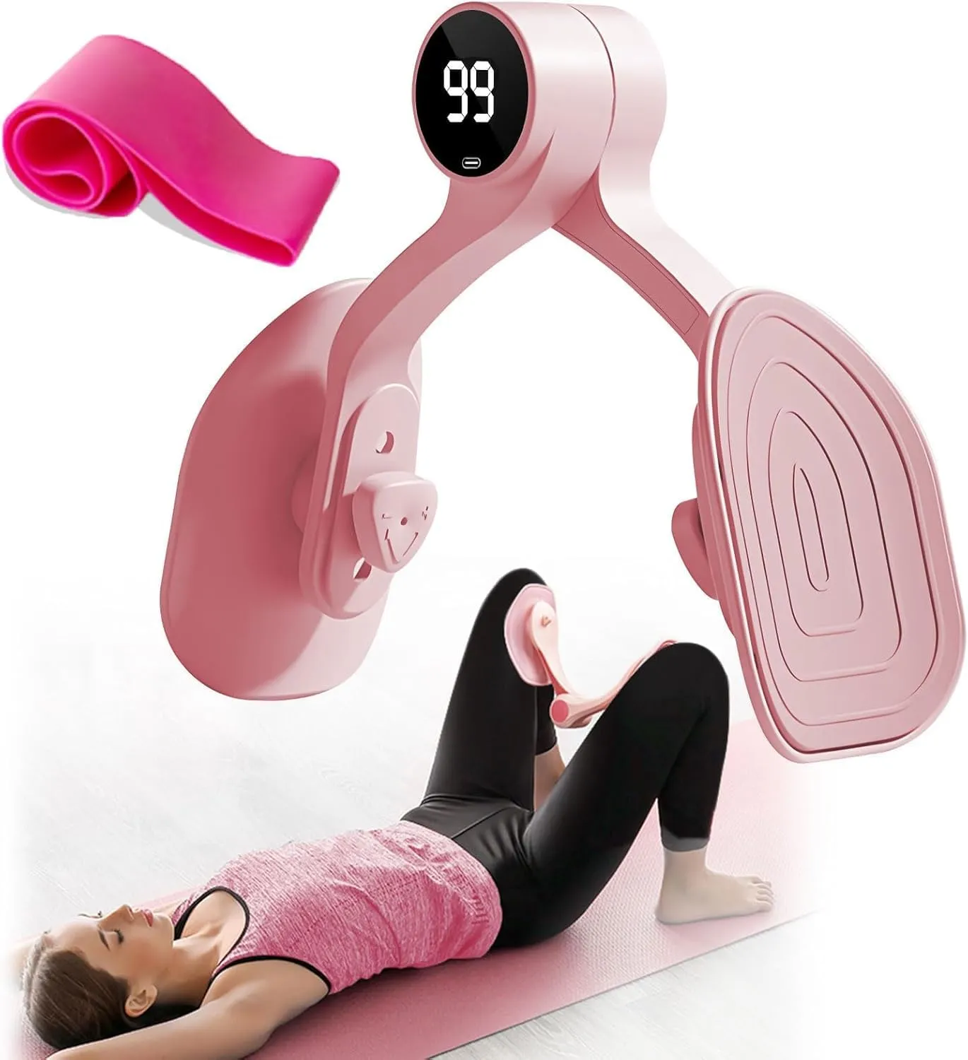 QIUTONG Thigh Master 2025 Upgraded, 10-78LB Thigh Master Thigh Exerciser, LED Inner Thigh Exerciser, 360° Pelvic Floor Exercise Devices, Hip Trainer Kegel Excerciser, 20LB Resistance Band, Light Pink