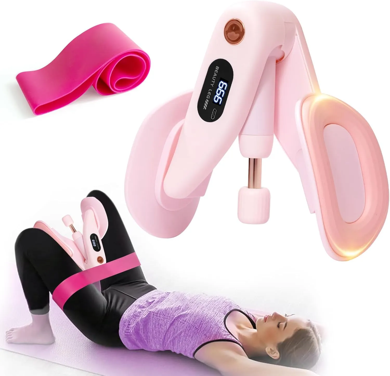 QIUTONG Thigh Master 2025 Upgraded, 10-78LB Thigh Master Thigh Exerciser, LED Inner Thigh Exerciser, 360° Pelvic Floor Exercise Devices, Hip Trainer Kegel Excerciser, 20LB Resistance Band, Light Pink