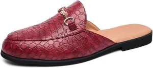 QMFUR Men's Open Back Slippers Faux Crocodile Leather Scuff Slides Closed Toe Flat Slip-On Leather Slides