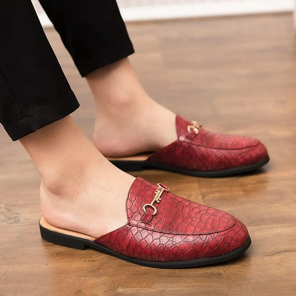 QMFUR Men's Open Back Slippers Faux Crocodile Leather Scuff Slides Closed Toe Flat Slip-On Leather Slides