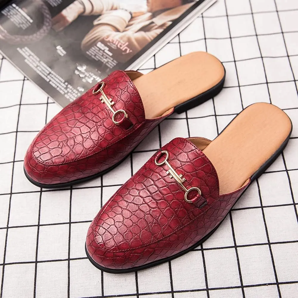 QMFUR Men's Open Back Slippers Faux Crocodile Leather Scuff Slides Closed Toe Flat Slip-On Leather Slides